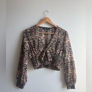 Zara Sheer V-neck Long Sleeve Bow Front Blouse